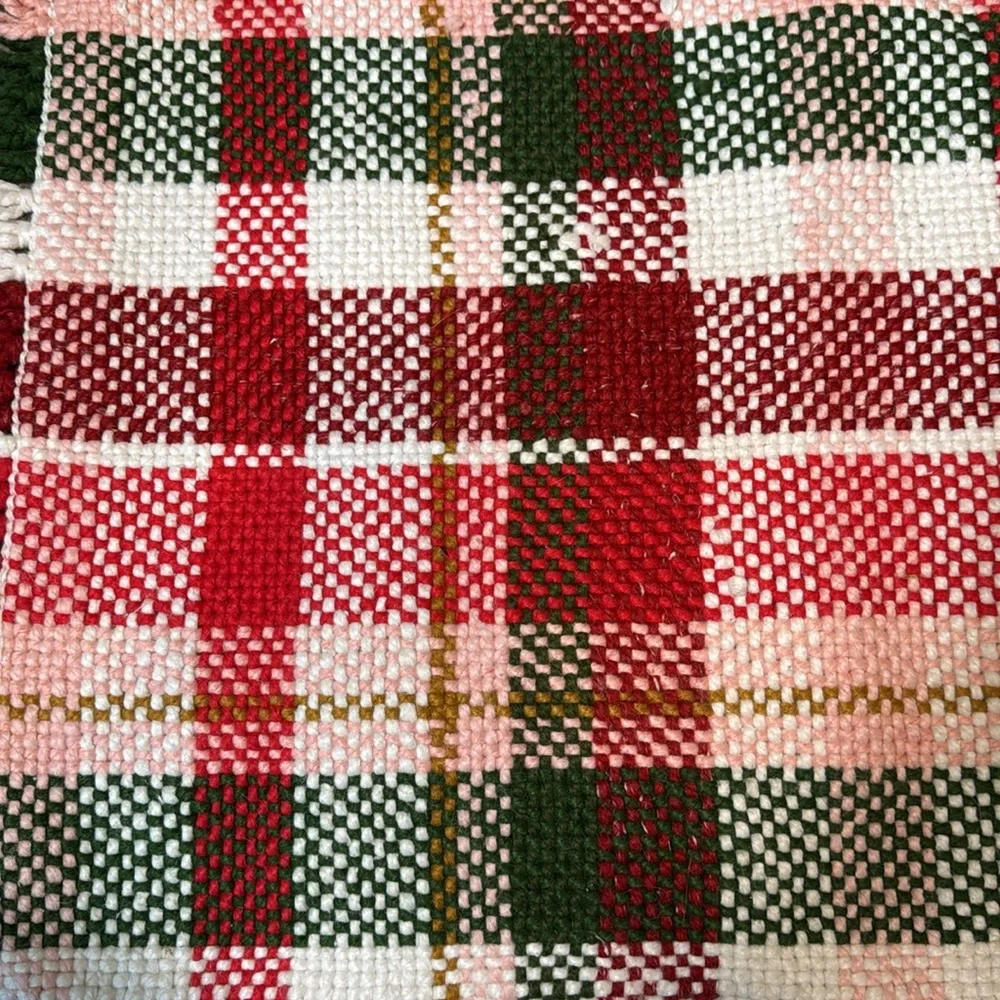 Handwoven Plaid Door Mat in Red, Green & Pink